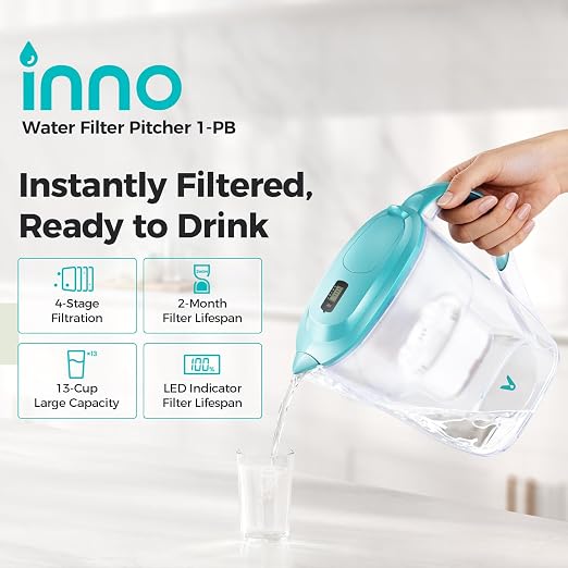 VIOMI Inno 13-Cup Water Filter Pitcher with Filter Lifespan Indicator, 4-Stage Filtration, NSF 42 Certified, Removes Chlorine Taste & Odor, Heavy Metals, Fit-in Refrigerator, 2-Month Filter Lifespan