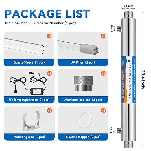 UV Water Filter Whole House, 3/4" MNPT 55W Water Purifier System for Whole House Water Purification,12 GPM, 120V, 1500H Lamp Life, +1 Extra Lamp