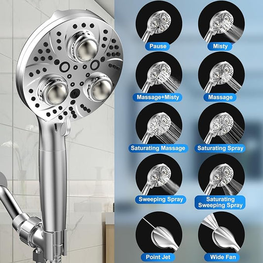 Filter Handheld Shower Head for Residual Chlorine Remove,10-Spray Modes Massage Showerhead, Large Powerful Handheld Showerhead with 79in Hose Detachable (Premium Chome)