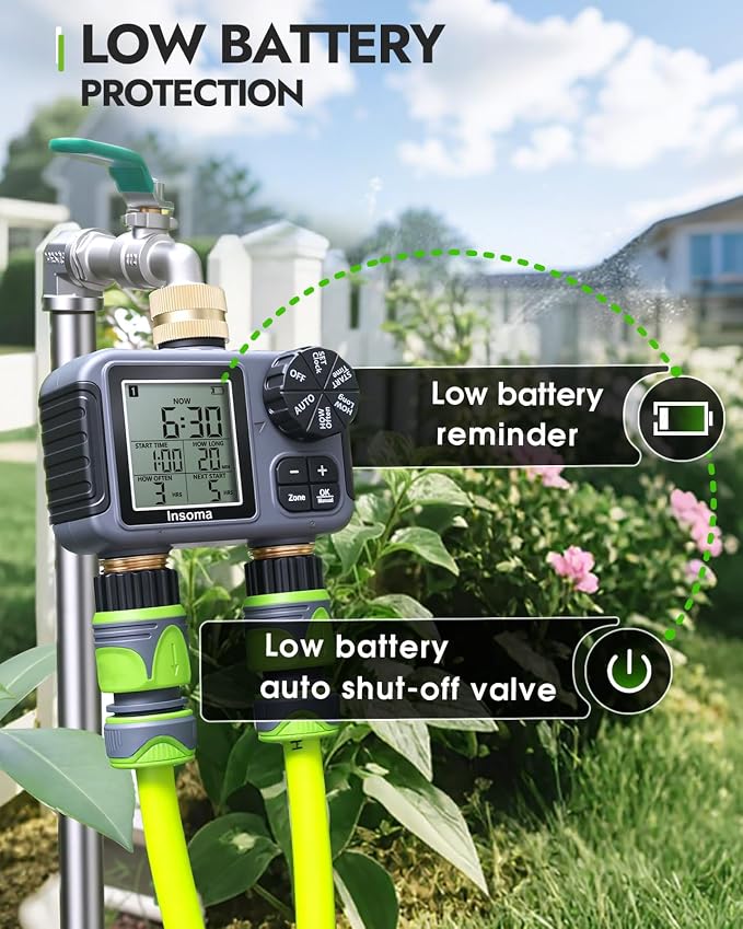 Insoma 2-Zone Sprinkler Timer with Brass Inlet & Outlet, Water Timer for Garden Hose with Auto/Manual/Rain Delay Mode, Big LCD Display, Easy Setup Hose Timers for Lawn, Garden, Vacation Watering