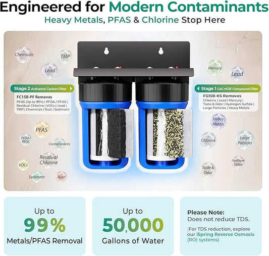 iSpring PFAS & Heavy Metals Whole House Water Filter System, SGS-Tested to Reduce 99% PFAS, 2-Stage Filtration Removes Lead, Heavy Metals, Chlorine, Sediment & Odor, 1” Inlet/Outlet Model: WGB21B-PFKS