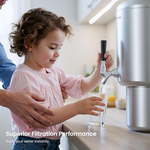 GLACIER FRESH PC04 Gravity-Fed Stainless Steel Countertop Water Filtration System 2.25G, Elarisey™ Filtration Technology, Reduces Heavy Metals, PFOA & PFOS, and Meets SGS Standards
