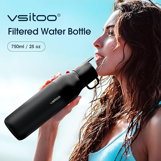 VSITOO 25oz Insulated Stainless Steel Filtered Water Bottle for Travel and Everyday Use,5-Stage 0.01μm Ultra-strong Filtration,Reusable,Improves Taste,for Hiking, Cycling, Gym & Outdoor Use,Black