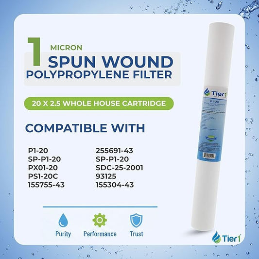 Tier1 1 Micron 20 x 2.5 Whole House Water Filter | Spun Wound Polypropylene Sediment Depth Filtration | Replacement for Pentek P1-20, SP-P1-20, PX01-20 | 2.5 x 20 Water Filter Cartridge (6 Pack)