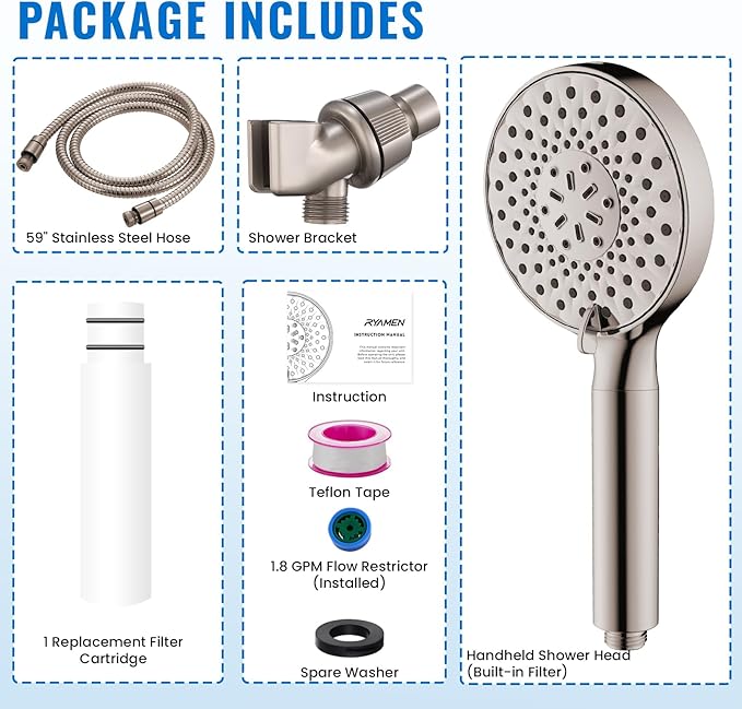 Ryamen Filtered Shower Head with Handheld, High Pressure 9-Spray Modes Detachable Shower Head with Filter for Hard Water-Remove Chlorine & Impurities, 2 Filters, Brushed Nickel