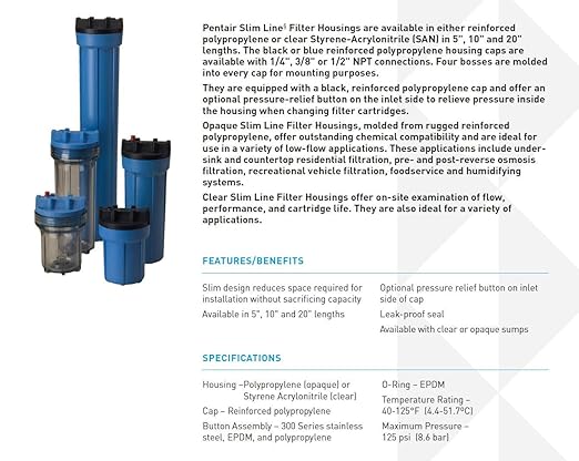 Pentair Pentek 158117 Traditional Slim Line Filter Housing, 1/4" NPT #10 Under Sink Clear Water Filter Housing with Pressure Relief Button, 10-Inch, Clear
