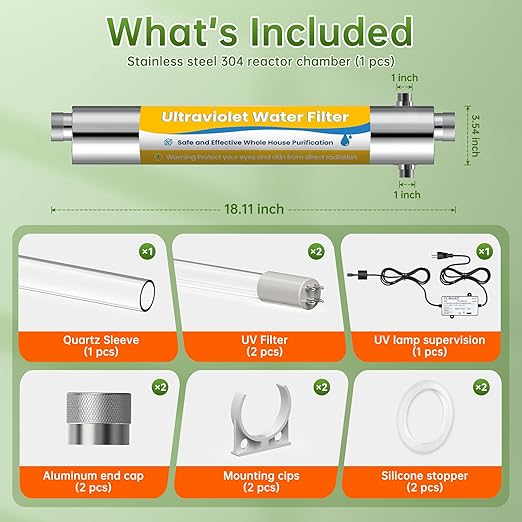 Whole House UV Water Filter System,55W 1" MNPT Inlet/Outlet Water Purifier Filter System for Whole House Water Purification,120V 12GPM High Flow, +1 Extra Bulb