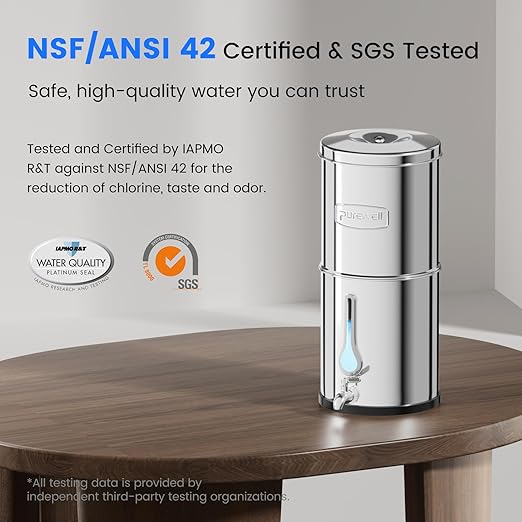 Purewell 0 TDS 7-Stage Gravity Water Filter System with Water Level Window, Certified to Reduce TDS, Lead, Total PFAS (Forever Chemicals), Mercury, and Chlorine, SF-CT-2.25G
