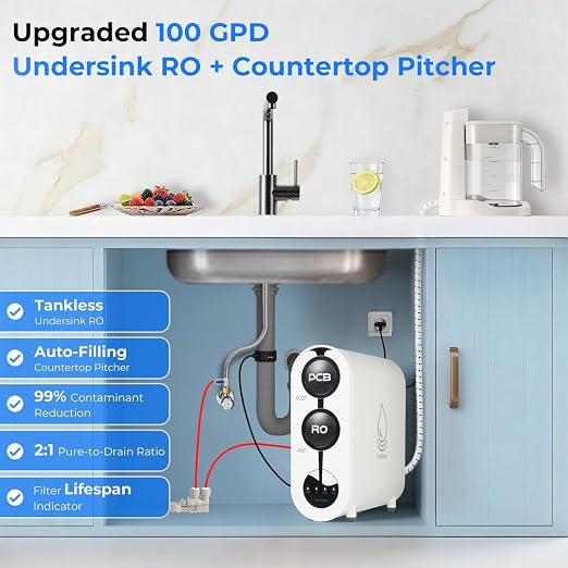 PureDrop PDR-100HRO Tankless Under Sink RO System with Auto-Fill Pitcher | • Fits standard cabinets• 2:1 pure-to-drain• LED filter life indicator• PP+carbon+RO filtration• Auto-fill Removable Pitcher