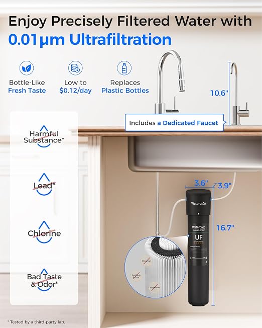 Waterdrop 15UB-UF 0.01 μm Ultra Filtration Under Sink Water Filter System | Reduces Lead, Chlorine, Bad Taste & Odor, with Dedicated Brushed Nickel Faucet, 2 Years