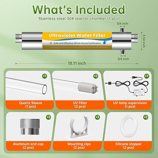 Whole House UV Water Filter System 55W 120V, 12GPM High Flow Whole Home Water Purifier with 3/4” MNPT Ports & Extra UV Bulb