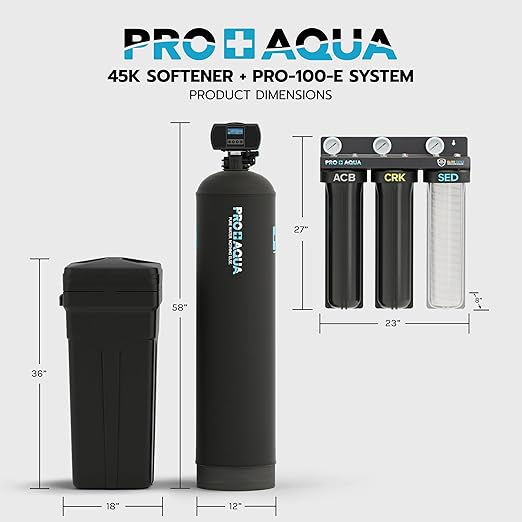 PRO+AQUA PRO-E-S45E Whole House Water Filtration System with 45,000 Grain Water Softener Combo | 3-Stage Filtration | for 4–6 People | Premium Resin | Easy Install Kit