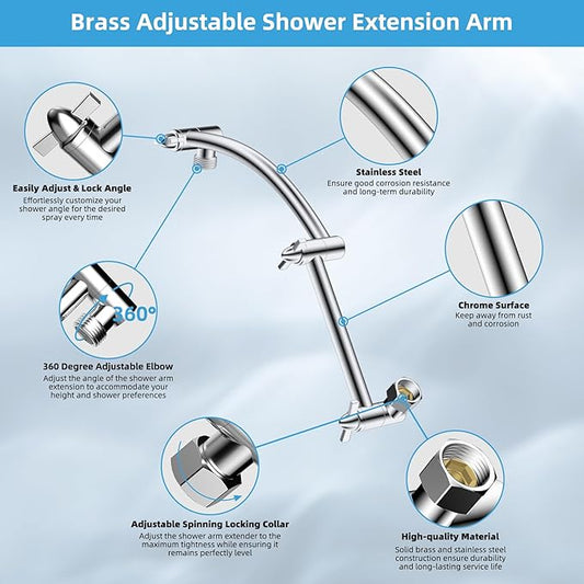 Hibbent All Metal cUPC Certified Rain Shower Head, 12'' High Pressure Rainfall Showerhead with 16" Shower Head Extension Arm, Solid Brass Adjustable Shower Arm Extender, fixed Showerheads, Chrome