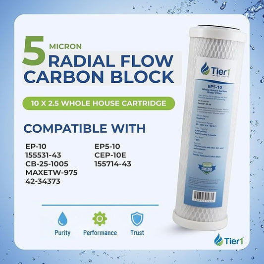 Tier1 5 Micron 10 x 2.5 Water Filter | Whole House Carbon Block Filter Replacement Cartridge | Compatible with Pentek EP-10, 42-34373, 155531-43, CB-25-1005, MAXETW-975 | 2.5 x 10 Water Filter (4pk)