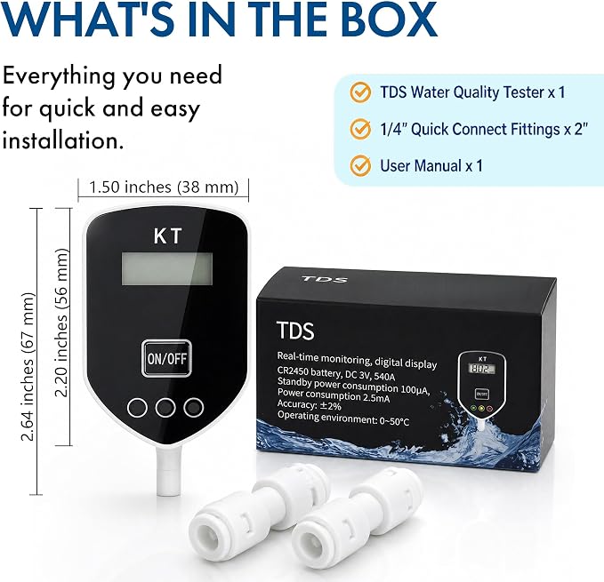 Inline TDS Water Quality Monitor,1/4"Quick Connect for Aquarium&RO | Inline TDS water quality monitor with 1/4" quick connect & 3-color indicator light. ±2% titanium sensor for RO & aquarium.