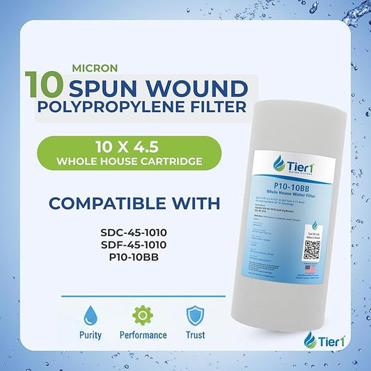 Tier1 10 Micron 10 x 4.5 Water Filter | Spun Wound Polypropylene Whole House Sediment Water Filter Cartridge | Replacement for Hydronix SDC-45-1010, SDF-45-1010 | 4.5 x 10 Water Filter (6-Pack)