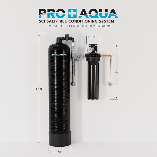 PRO+AQUA Whole House 20 GPM Salt-Free Water Softener Bundle with Single-Stage Carbon Infused Pre-Treatment Filter System | Removes Sediment, Chemicals, Chlorine, Contaminants, & Odor
