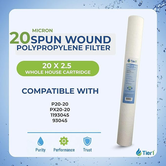 Tier1 20 Micron 20 x 2.5 Water Filter | Spun Wound Polypropylene Whole House Sediment Water Filter Cartridge | Replacement for Pentek P20-20, Purtrex PX20-20 | 2.5 x 20 Whole House Pre-Filter (3-Pack)