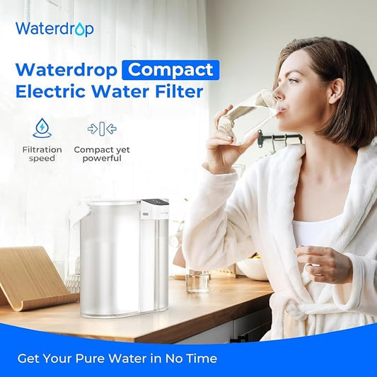 Waterdrop ED02W Compact Electric Water Filter Pitcher, 14-Cup, White | 200-Gallon Rechargeable Instant Powerful Dispenser, NSF/ANSI 42&53&401&372, Reduce PFOA/PFOS, Lead, Chlorine, NOT Reduce TDS