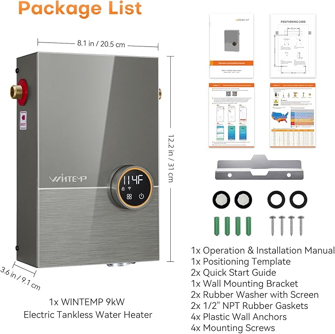 Tankless Water Heater Electric 9kW, 240 Volt On Demand Instant Hot Water Heater, Within 1℉ Stable Temp, Up to 2.2 GPM, WiFi Control, ETL Certified, Eco, WM09