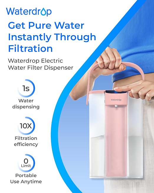 Waterdrop ED01P Electric Water Filter Pitcher, NSF/ANSI 42&53&401&372, Pink | Reduce 99.6% of Lead and 45+ Impurities, 15-Cup Capacity, Rechargeable Instant Dispenser, Does not Lower TDS