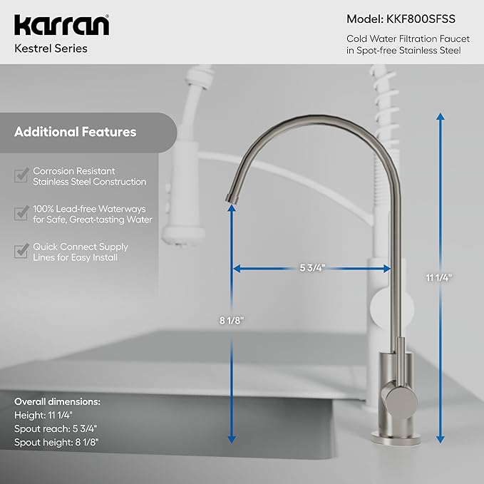 Karran Kestrel Spot-Free Stainless Steel Beverage Faucet 100% Lead-Free Brass, RO/Filtration System Ready, 360° High-Arc Spout, Fingerprint Resistant Finish, Compact Design