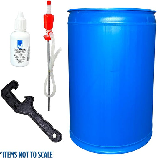 Augason Farms Water Treatment and Storage Kit, 55-Gallon Water Barrel, BPA Free, Liquid Water Treatment Drops, Siphon and Hand Pump