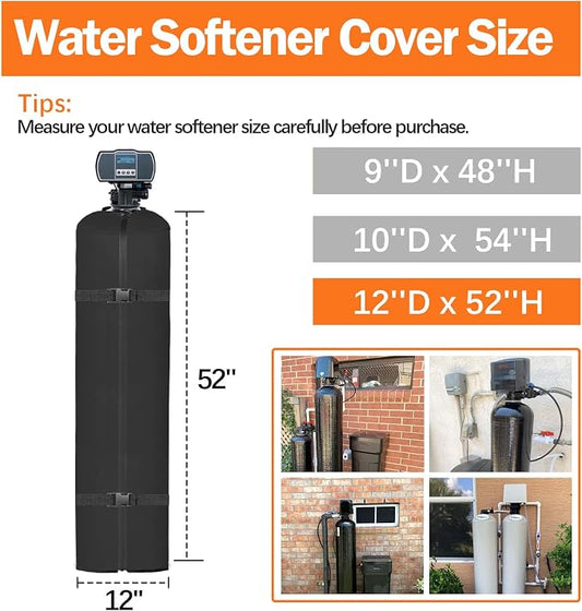 SUNICO Outdoor Water Softener Insulation Cover, 12''D x 52''H, Black | Heavy duty 3-layer insulated cover for outdoor water softener, waterproof zipper, UV & freeze protection, windproof