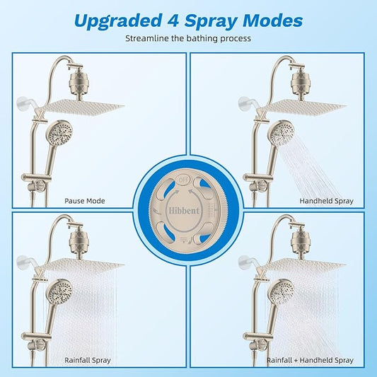 Hibbent Dual Filter All Metal 12" Rainfall Showerhead Combo, High Pressure Filter Shower Head with 10-Spray Mode Handheld, 4-way Diverter with Pause Mode, 71'' Shower Hose and Holder, Brushed Nickel