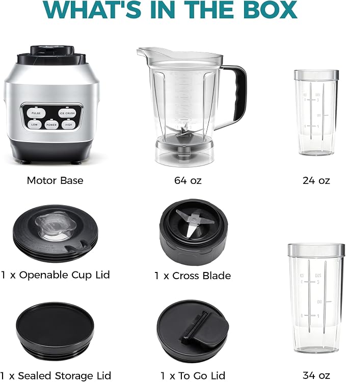 DUMOS Smoothie Blender for Kitchen with 6 Blades, Personal Blender for Smoothies with 24 34 60 oz BPA-Free Cups, Large Capacity, Portable and Easy Clean, for Ice Crush, Shakes, Sauces, Silver