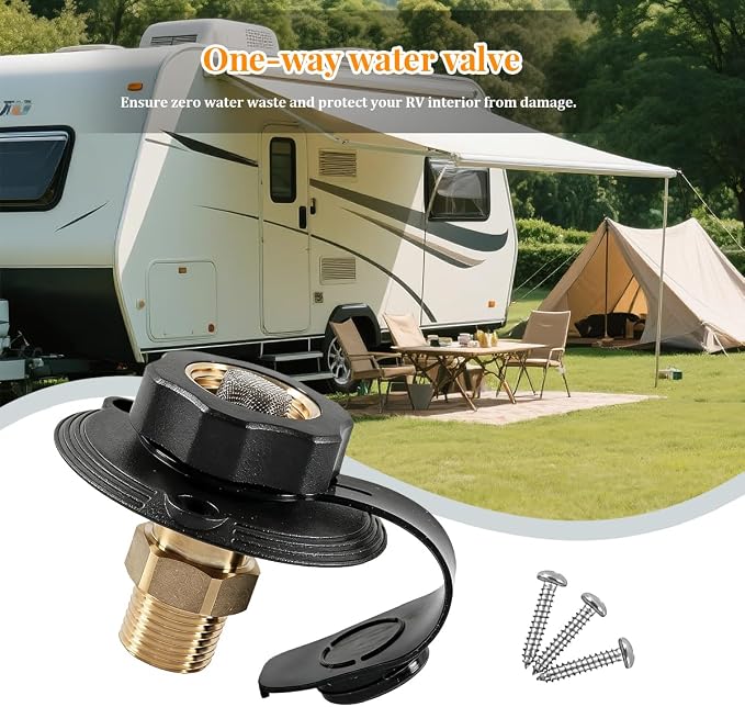 RV City Water Inlet with Check Valve, 3/4'' NH Female to 1/2" NPT Male Brass Motorhome Water Fill Inlet Connection, Camper Liquid Hose Connector, Universal for Trailer Camper RV (Black)