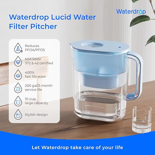 Waterdrop PT-07B Water Filter Pitcher, 10-Cup, NSF Certified, Blue | 200-Gallon Long-Life Filter, Improves Coffee & Tea Taste, Reduces PFOA/PFOS and Chlorine, 5X Longer Filter Life