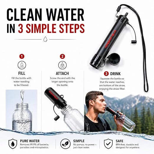 Original Defense® FiltrateMate Portable Water Filter Straw – High-Performance Nanofiber Filtration for Emergency Preparedness, Hiking, and Camping – Purifies up to 1,000 Liters