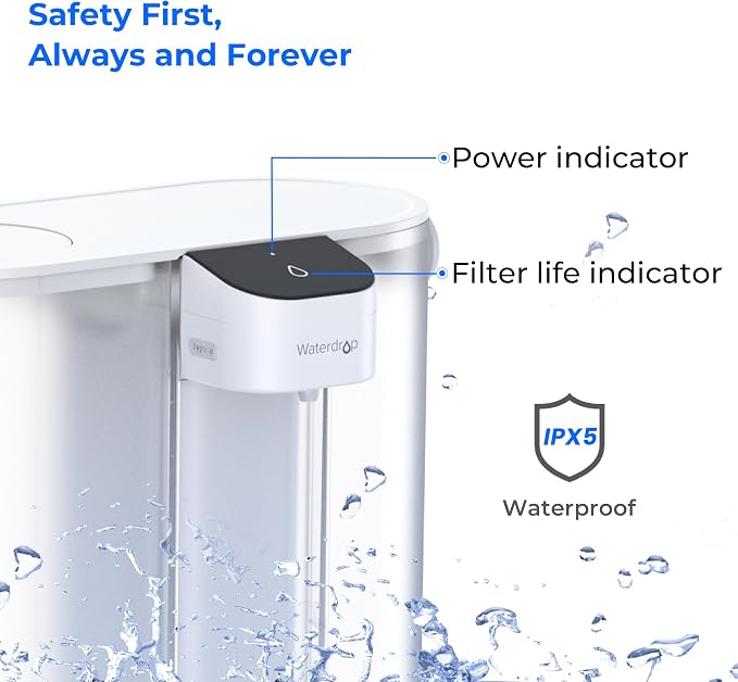 Waterdrop ED02W Compact Electric Water Filter Pitcher, 14-Cup, White | 200-Gallon Rechargeable Instant Powerful Dispenser, NSF/ANSI 42&53&401&372, Reduce PFOA/PFOS, Lead, Chlorine, NOT Reduce TDS
