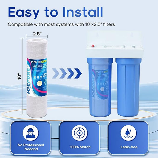 ICEPURE 20 Micron 10" x 2.5" String Wound Sediment Water Filter Cartridge for Well filter Universal Replacement for Any 10 inch RO Unit, WP-5, Aqua-Pure AP110 CFS110 Culligan P5 WFPFC4002 CW-MF, 6PACK