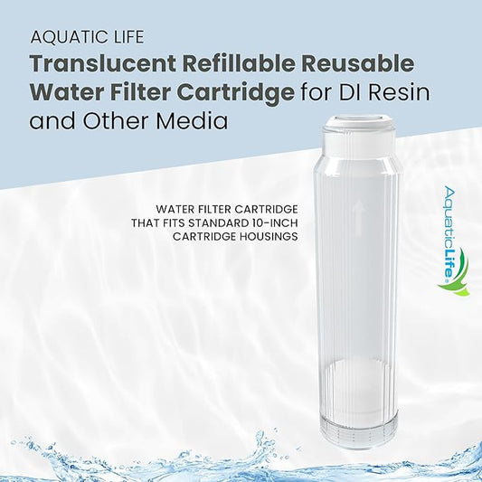 AQUATICLIFE 10" x 2.5" Translucent Refillable Reusable Water Filter Cartridge for DI Resin and Other Media