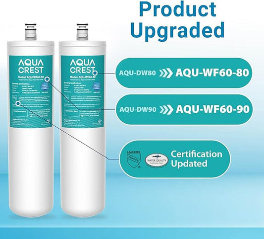 AQUA CREST DW80/90 Under Sink Water Filter, Replacement for Aqua-Pure® AP-DW80/90, AP-DWS1000, Kohler K-201-NA, Kohler K-202-NA, NSF/ANSI 42 Certified, 2 Pack, Model No.WF60-80/90