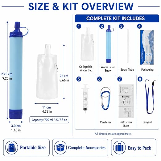 Emergency Water Filter Straw, Portable, Lightweight, for Hiking, Camping, Travel (2PCS)