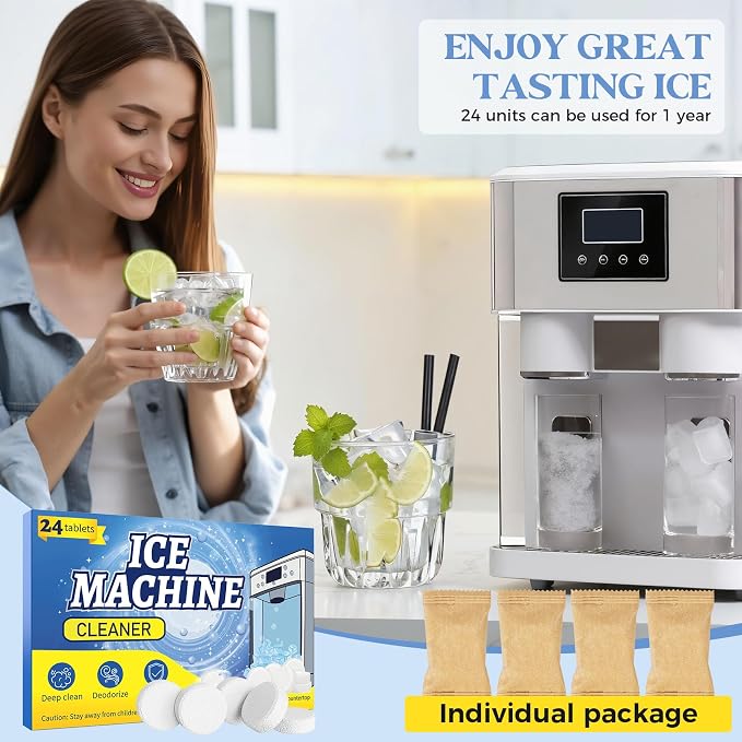 24 Ice Maker Cleaner Tablets, Ice Machine Cleaner Descaler Tablets | Compatible with Frigidaire, Opal, GE Profile, Kitchenaid, Nickel Safe Scale Remover for Countertop, Ice Makers
