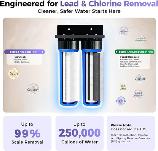iSpring WGB22B-DS+AHPF12MNPT16X2 2-Stage Whole House Water Filter System w/ 3/4'' Push-Fit Braided Stainless Steel Hose Connectors, Reduces Scale, Corrosion, Chlorine, Taste, Odor