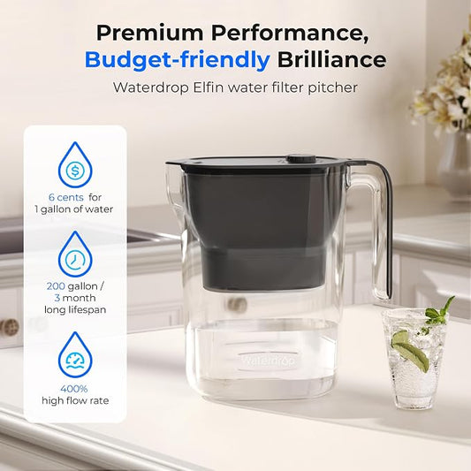 Waterdrop PT-05BL-L Water Filter Pitcher, 7-Cup, NSF Certified, Black | 200-Gallon Long-Life Filter Purifier, Reduces Chlorine and PFOA/PFOS, Replaces 6,400 Plastic Water Bottles a Year