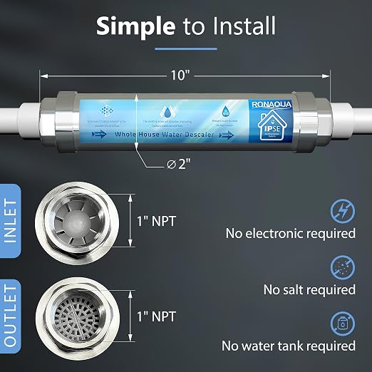 Ronaqua Chemical & Salt Free Scale & Rust Prevention Whole House Water Softener to Correct Problems Caused by Inorganic Groundwater Impurities, No Electricity Required, Helps Avoid Lime Scale Buildup