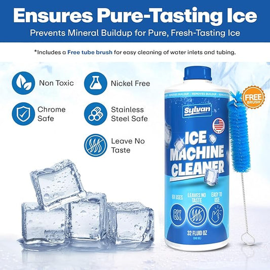 Sylvan Ice Machine Cleaner and Descaler | 32 oz (8 uses) | Free Cloth | Made in USA | Nickel Safe Ice Maker Cleaner and Descaler | Universal Compatibility for Commercial & Residential Ice Makers