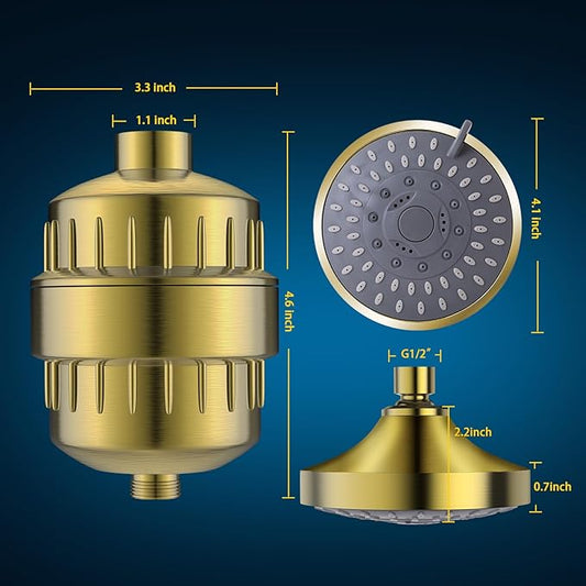 Shower Head and 15 Stage Shower Filter Combo, FEELSO High Pressure 5 Spray Filtered Showerhead with Water Softener Filters for Hard Water Remove Chlorine and Harmful Substances (Golden)