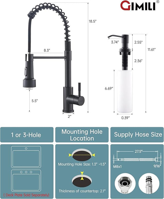 GIMILI Matte Black LED Kitchen Faucet with Soap Dispenser, Modern Single Handle Spring Kitchen Sink Faucets with Pull Down Sprayer