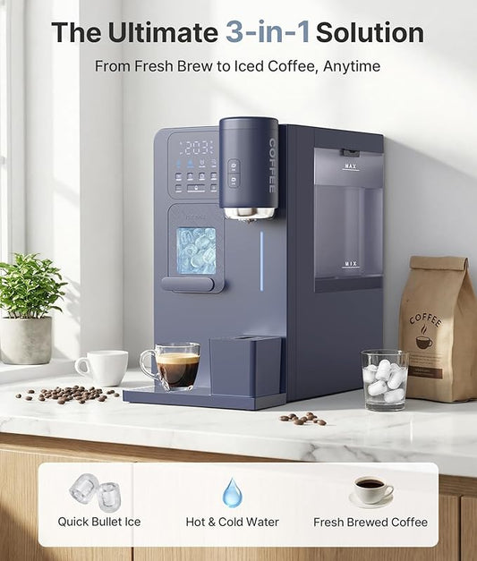 3-in-1 Water Dispenser with Ice Maker - Hot/Cold/Warm Water, Adjustable Water Volume, Countertop, Compact Coffee Brewer for Home & Office, Deep Navy