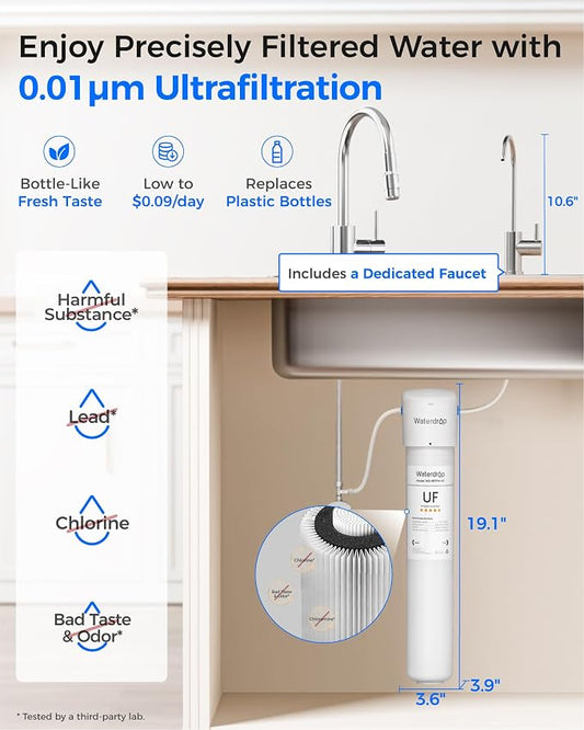 Waterdrop 17UBW-UF 0.01 μm Ultra Filtration Under Sink Water Filter System | Reduces Lead, Chlorine, Bad Taste & Odor, with Dedicated Brushed Nickel Faucet, 3 Years