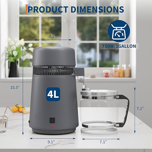 GarveeHome Water Distillers for Home Countertop, 1 gal/4 l Stainless Steel Distilled Water Machine with Glass Container, 750W Desktop Drinking Purifier Filter Distilling Kit, Gray