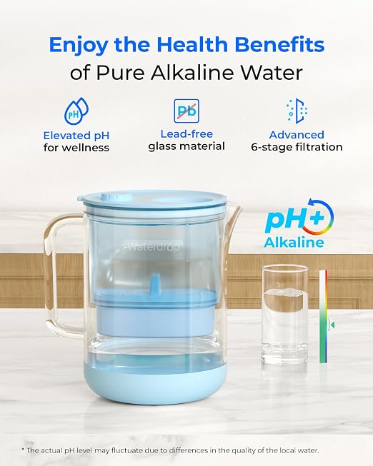 Waterdrop PT-72B-A Glass Alkaline Water Filter Pitcher, 7-Cup, Blue | Eco-Friendly, Enhances Alkaline Water, for Home & Office, Reduces PFOA/PFOS, Chlorine, Cadmium, Copper & Mercury