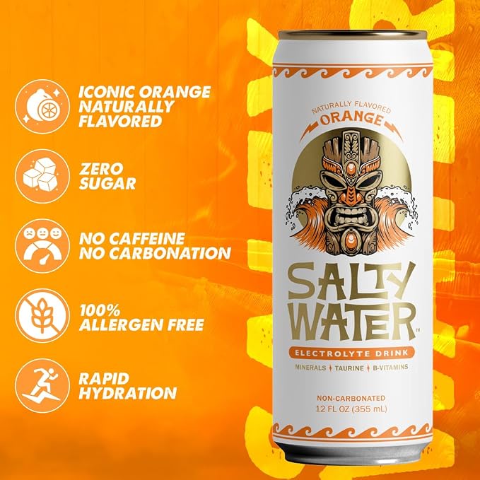 SaltyWater Electrolyte Drink, Orange – Zero Sugar Premium Hydration Drink, 10 Calories, Minerals, Taurine, B-Vitamins, Non-Carbonated - Zero Caffeine Electrolyte Sports Drink - Gluten Free - 12 Pack (12 oz)